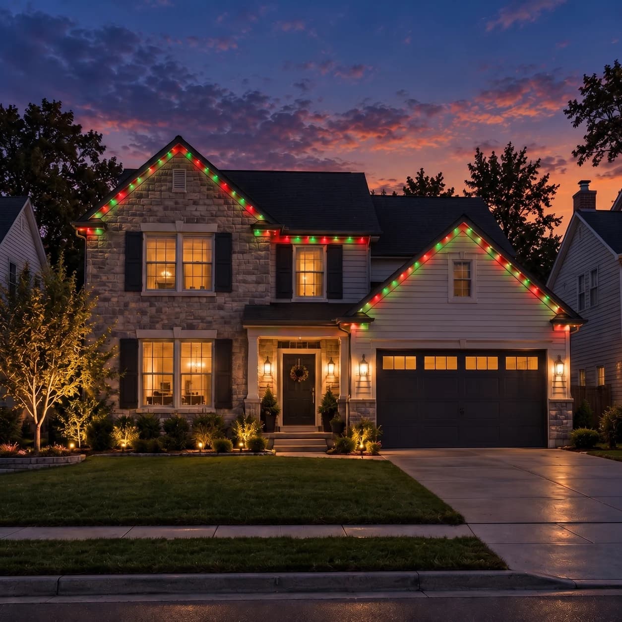The same home lit for Christmas