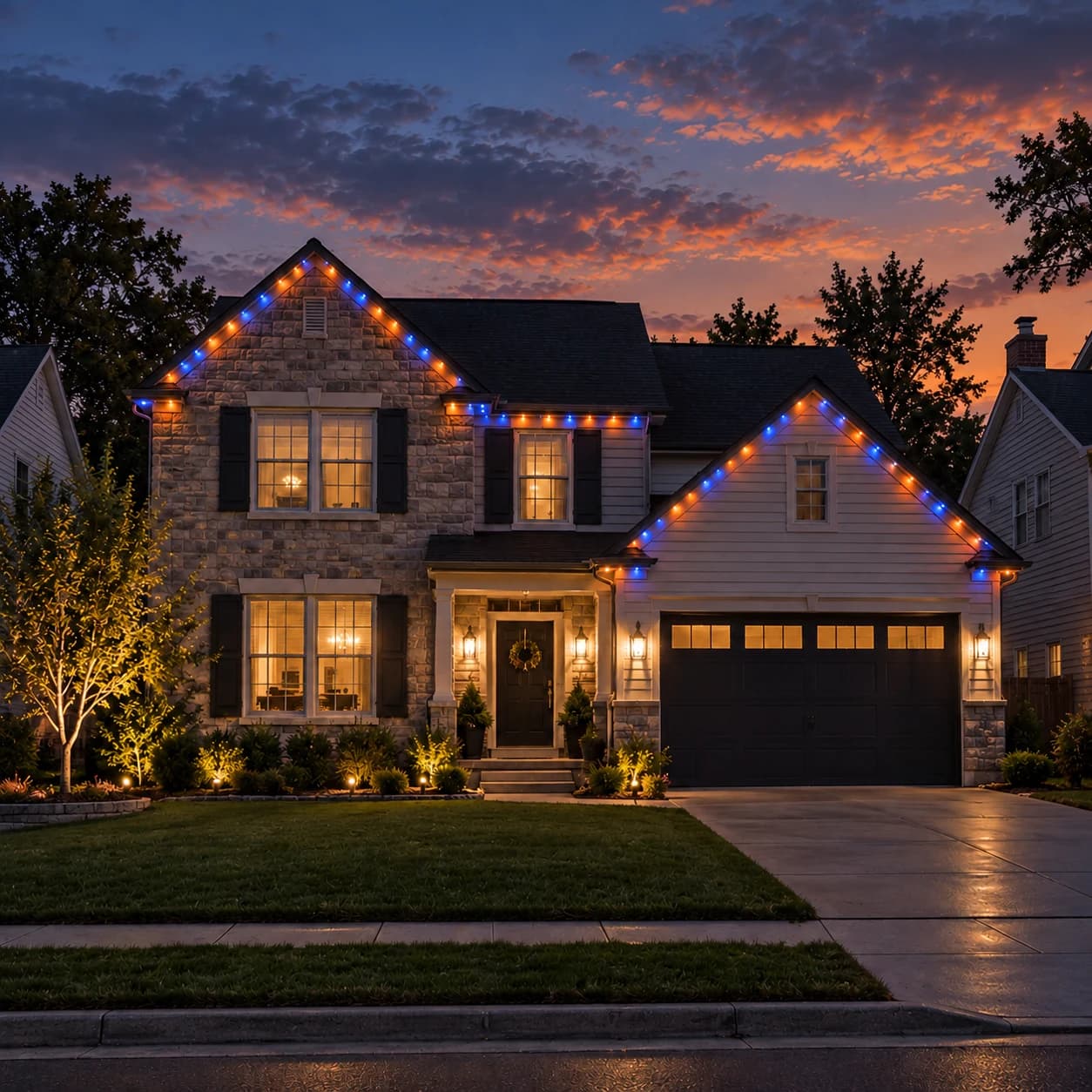 The same home lit for Fourth of July