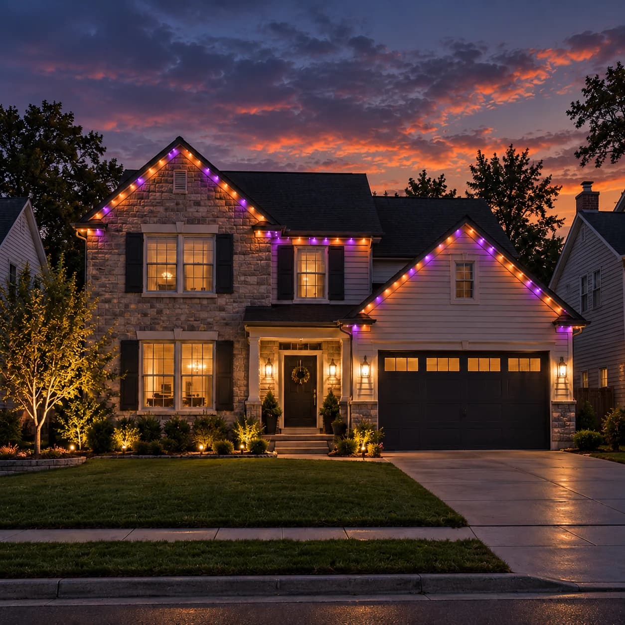 The same home lit for Halloween
